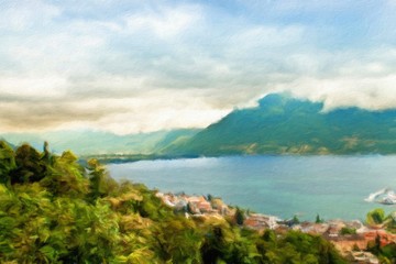 Fototapeta na wymiar Lake Lugano. Switzerland. Europe. Oil painting effect.