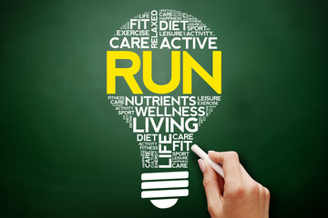 RUN bulb word cloud collage, health concept on blackboard