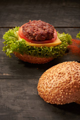 hamburger on a wooden table