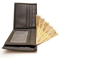 Euro money in wallet isolated on white background.