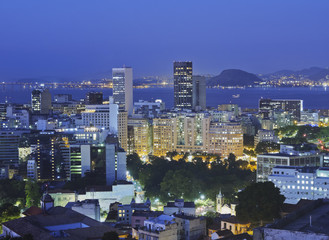Naklejka premium Brazil, City of Rio de Janeiro, City Center Skyline viewed from the Parque das Ruinas in Santa Teresa.