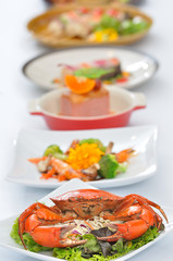 Seafood sea crab and Mix European menu, Beef Steak, Raw fish ste