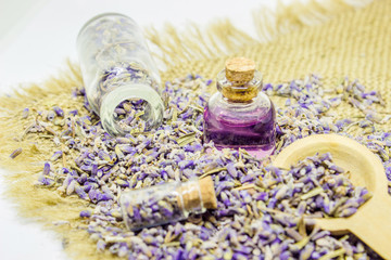 Lavender essential oil in a small bottle. 