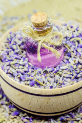 Lavender essential oil in a small bottle. 
