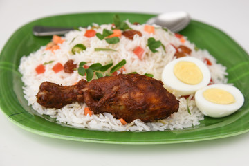 chicken biryani or biriyani made of basmati rice. hot spicy food very popular in Hyderabad India