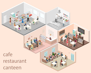 Isometric flat 3D concept vector interior cafe, canteen, restaurant kitchen.