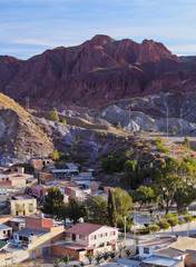 Bolivia, Potosi Department, Sud Chichas Province, Tupiza, Landscape of the mountains and the city of Tupiza viewed from the Mirador Corazon de Jesus.