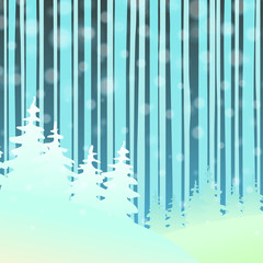 Vector background with stylized winter hills and forests trees, snow-covered Christmas