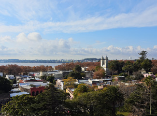 Fototapeta premium Uruguay, Colonia Department, Colonia del Sacramento, Elevated view of the historic quarter with characteristic building of the Basilica of the Holy Sacrament.