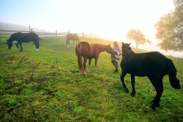 Horses in an early morning foggy field. Girl with an horse playing together at the farm. Concept people and animals. Woman in boho style.
