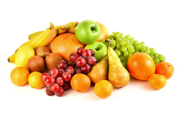 Lots of colorful fresh fruit on a white background