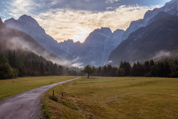 Beautiful Mountain Valley Landscape At Sunrise