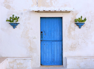 Fototapeta na wymiar Старый дом с синей дверью и кактусами