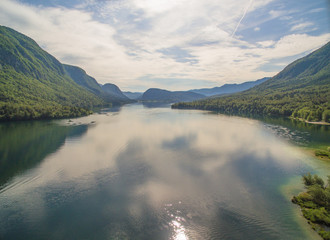 Aerial: Beautiful Mountain Lake Landscape In Bohinj, Slovenia At Summer