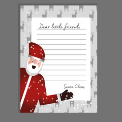 Unusual Letter from Santa Claus. Design template.  Beautiful vector illustration with flat character Santa Claus on deer pattern  background. Hand drawn illustration.