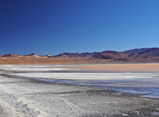 Bolivia, Potosi Departmant, Sur Lipez Province, Eduardo Avaroa Andean Fauna National Reserve, Landscape of the Laguna Colorada.