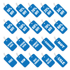 Set of twenty blue price tags for sale and discount