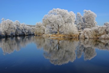 Raureif an der M&uuml;ndung der Eder in die Fulda
