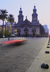 Chile, Santiago, Twilight view of the Plaza de Armas and the Metropolitan Cathedral.