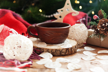 Fototapeta na wymiar coffee mug on the wooden holiday table