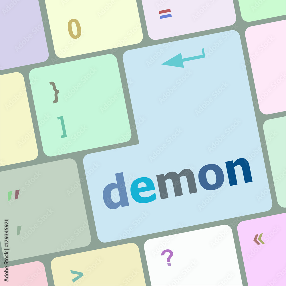 Poster demon word on keyboard key, notebook computer button