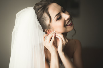 Portrait of beautiful bride with fashion veil at wedding morning.