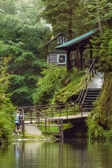 Part view of a stilt surrounded by water and greenery