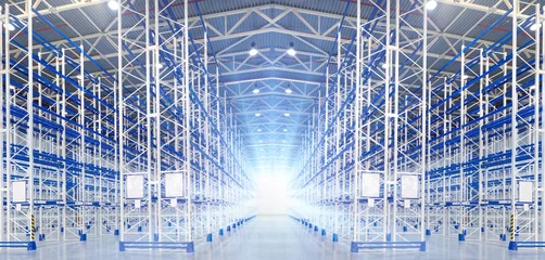 Papier Peint photo Bâtiment industriel Huge cold distribution warehouse with high empty shelves