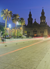 Chile, Santiago, Twilight view of the Plaza de Armas and the Metropolitan Cathedral.