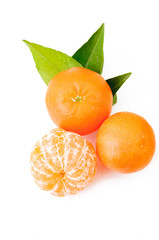 fresh orange fruits isolated on white. Top view peeled mandarin
