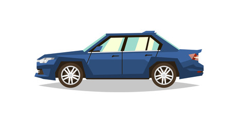 Blue car sedan. Side view. Transport for travel. Gas engine. Alloy wheels