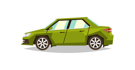Green car sedan. Side view. Transport for travel. Gas engine. Alloy wheels