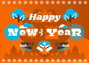 Greeting Card Happy New Year. Typographical printing. Animals and letters. Raccoon, garland, berries. Bells, ribbon. Label, isolated objects on background. The magic and joy. Vector illustration