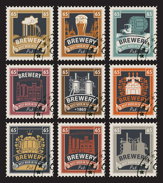 set of postage stamps on the theme of beer and brewery in retro style