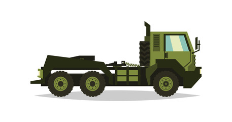 Naklejka premium Military truck. The car involved in the fighting. Transportation of heavy machinery. Special equipment. Diesel. Vector illustration. flat style