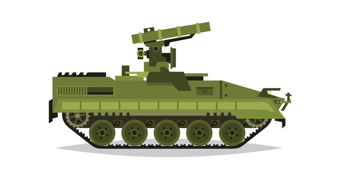 Self-propelled anti-tank missile system. Research, inspection, optical review, missiles, air attack. Equipment for the war. All Terrain Vehicle, heavy machinery. Vector illustration