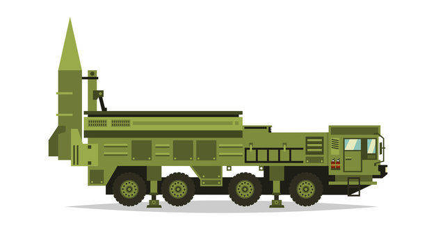 Anti-aircraft missile system. Rockets and shells. Big truck. Special military equipment. Air Attack. All Terrain Vehicle, heavy vehicles. Vector illustration