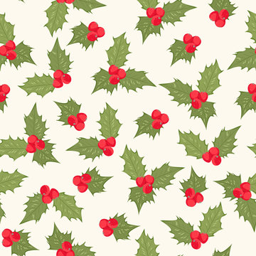 Holly berry mistletoe leaves composition element seamless pattern. Red and green on beige background. Christmas holidays season sign symbol. Vector design illustration for decoration.