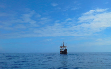 A beautiful sailboat in the open ocean. Atlantic Ocean, Madeira, Portugal