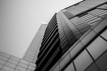 No drill light filtering roller blinds City building Skyscrapper building. Steel and glass. Black and white image