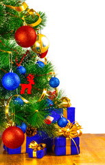 blue boxes with gifts with golden bows under the Christmas tree with a white background for isolation