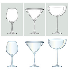 Vector set with contour glasses for wine, champagne and martini in black and color isolated on white background. Outline glass for wine and winery in line style for restaurant decor or coloring book.