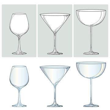 Vector set with contour glasses for wine, champagne and martini in black and color isolated on white background. Outline glass for wine and winery in line style for restaurant decor or coloring book.