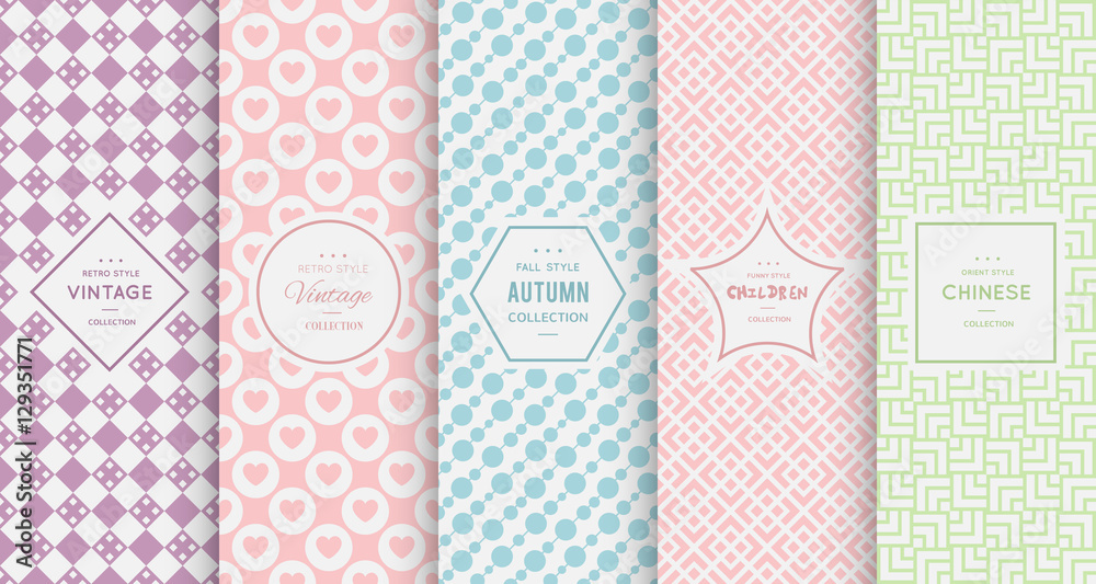Wall mural pastel retro different vector seamless patterns