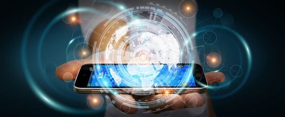 Businessman using hologram screen with digital data