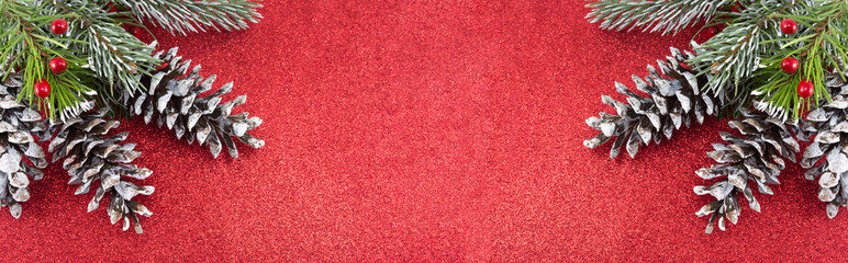 Pinecones and fir tree on sparkling background.