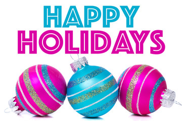 Christmas Ornaments on white background with greeting