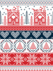 Scandinavian,  inspired by Norwegian Christmas and festive winter seamless pattern in cross stitch with gingerbread house, Christmas tree, heart, reindeer, sleigh, presents in red , blue