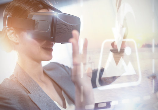 User in Business Attire with VR Goggles Mockup 1