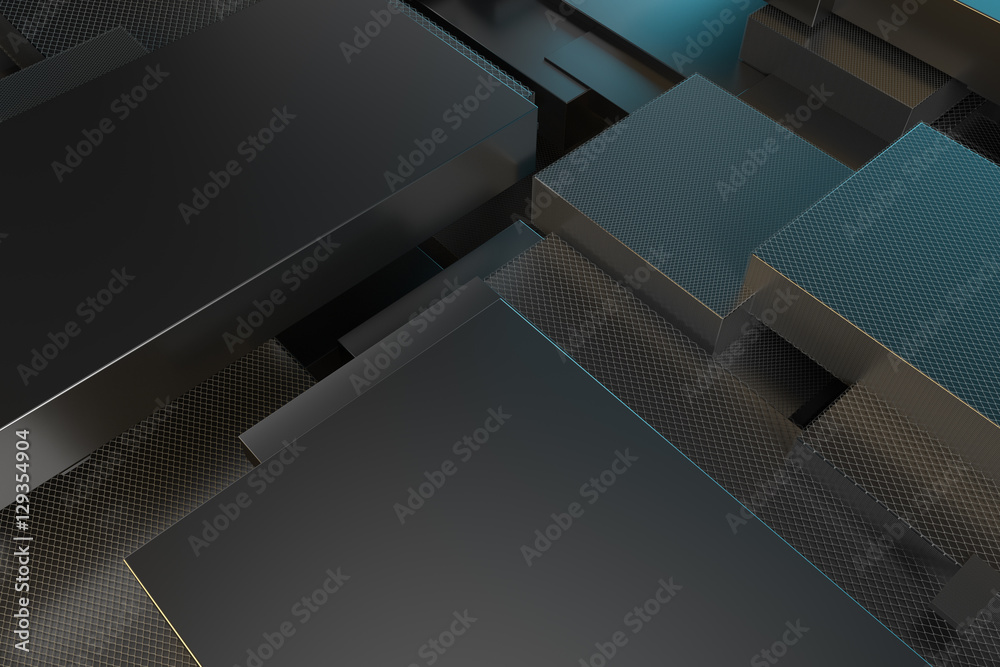 Poster 3d rendering metallic illustration background. intersection of metal forms. layout of random rectang